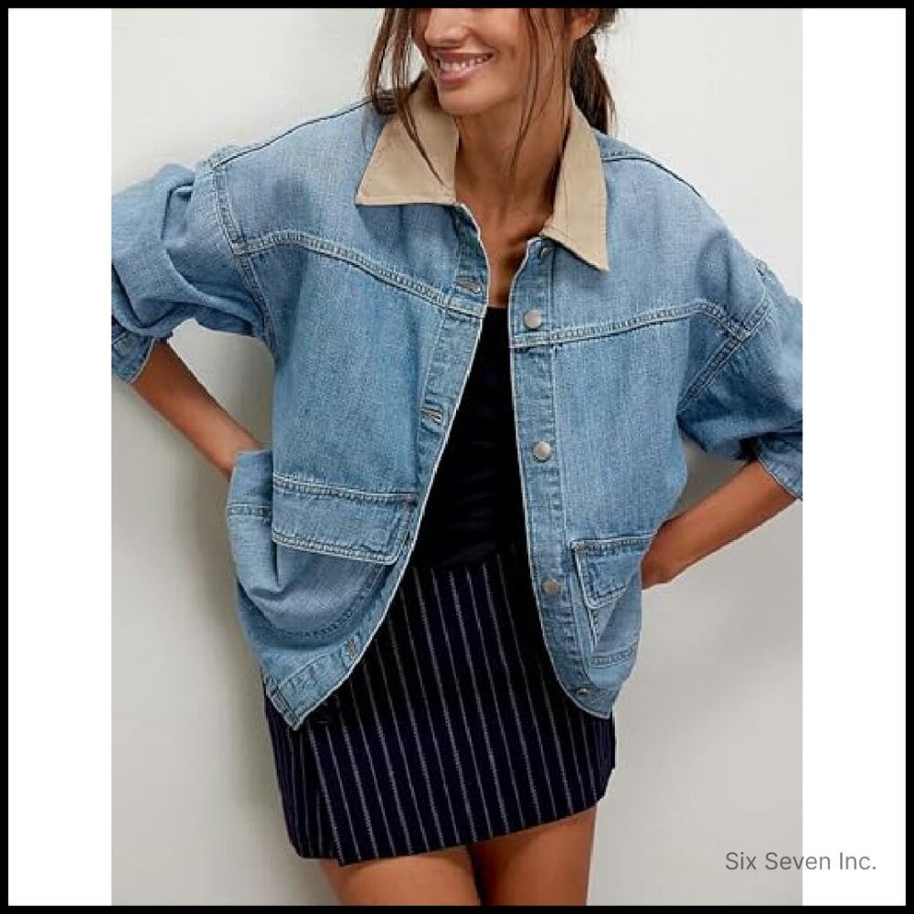 Oversized Denim Jacket Classic Y2K Chic Button Down Contrast Trim Outerwear - Picture 3 of 5